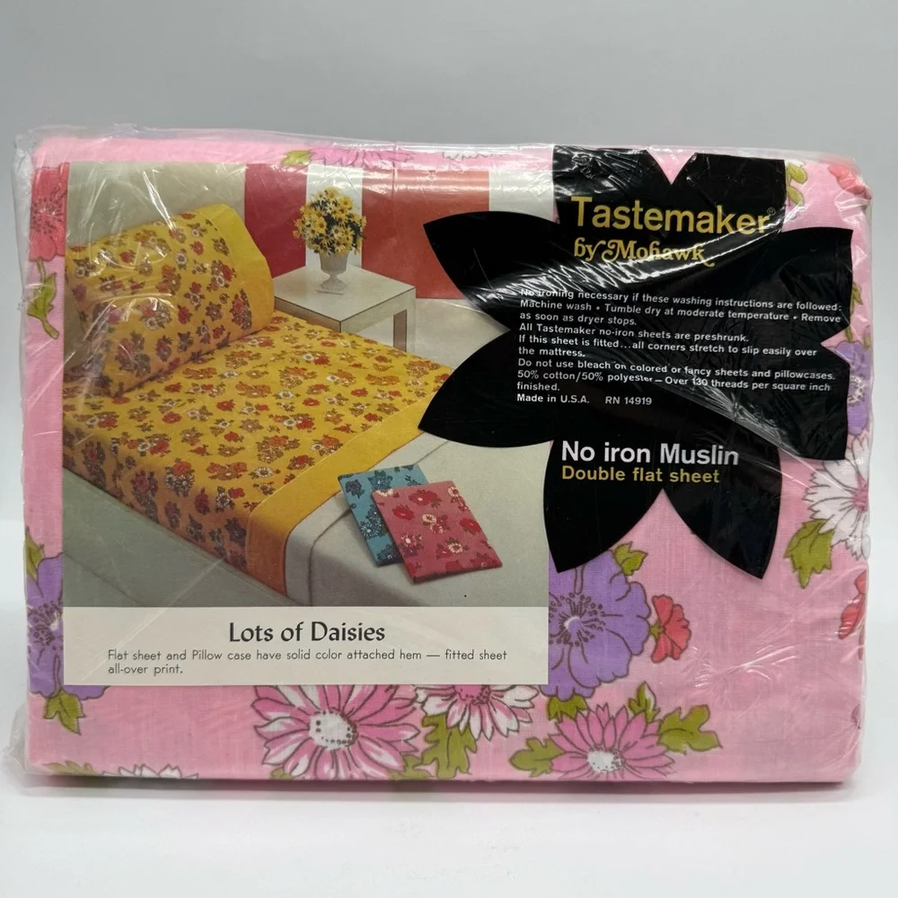 Vintage 70’s Lots of Daisies Pink Floral Double Flat & Fitted Dbl Sheet Set NEW
